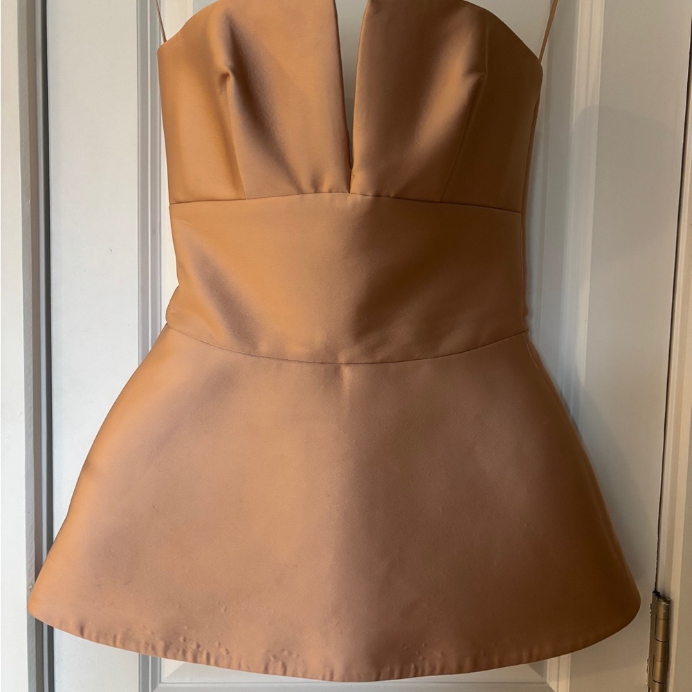 rosie corsets Strapless Satin Peplum Hem beige pink corset Top, size S $355